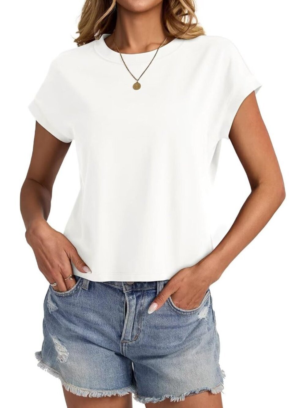 〽️Women's White Cap Sleeve Crewneck Loose Fit Casual Summer Pull On Crop Tops